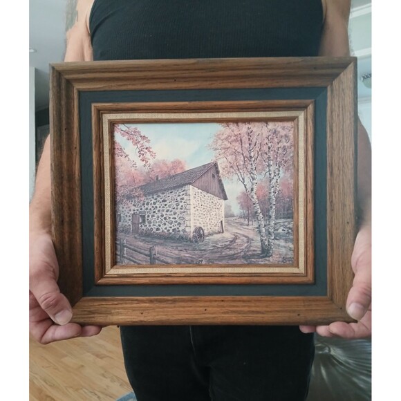 Barn Farmhouse Country Rustic Art Print on board Signed 1974 Wood Frame 13x15" - Picture 2 of 16